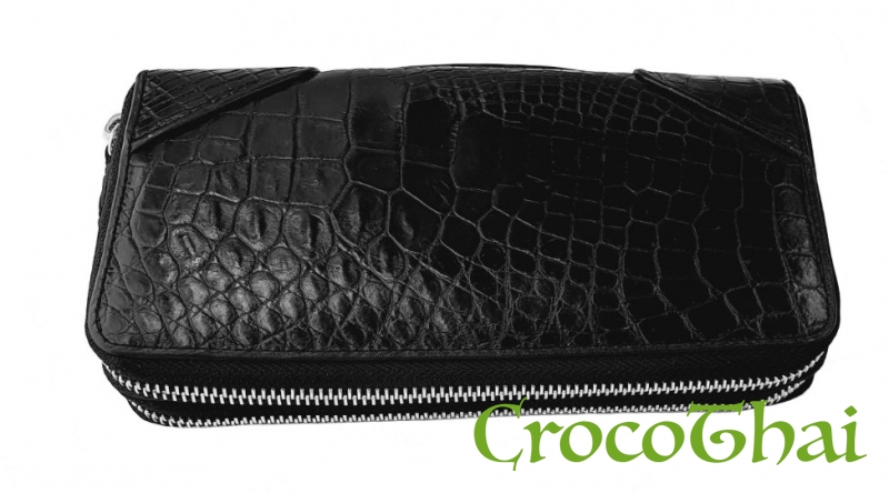 Купить гаманець-клатч croco leather чорний зі шкіри крокодила з ручкою