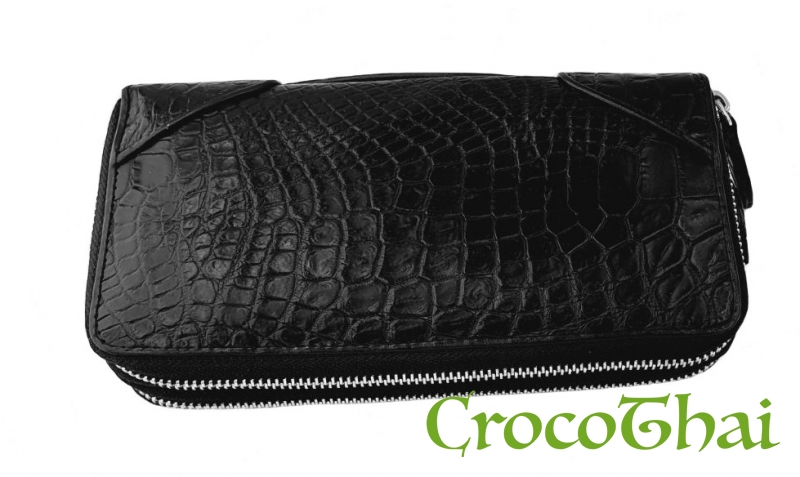Купить гаманець-клатч croco leather чорний зі шкіри крокодила з ручкою