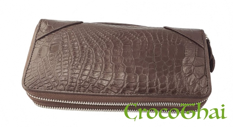 Купить гаманець-клатч croco leather коричневий зі шкіри крокодила з ручкою