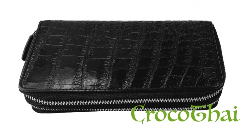 Купить гаманець croco leather зі шкіри крокодила з подвійною змійкою чорний